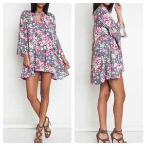 Umgee Gray Floral Trapeze Swing Dress Tunic Boho